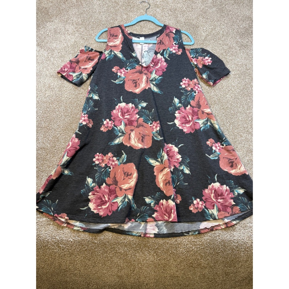 CY Womens Floral Cold Shoulder Mini Dress Gray Pink Rose V-Neck Swing Medium